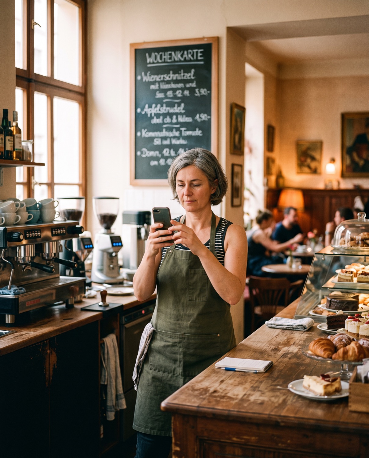 Café-Besitzerin fotografiert die Wochenkarte an der Tafel mit dem Handy